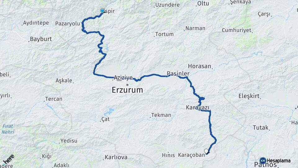 Erzurum İspir Karaçoban Arası Kaç Km - Yol Haritası