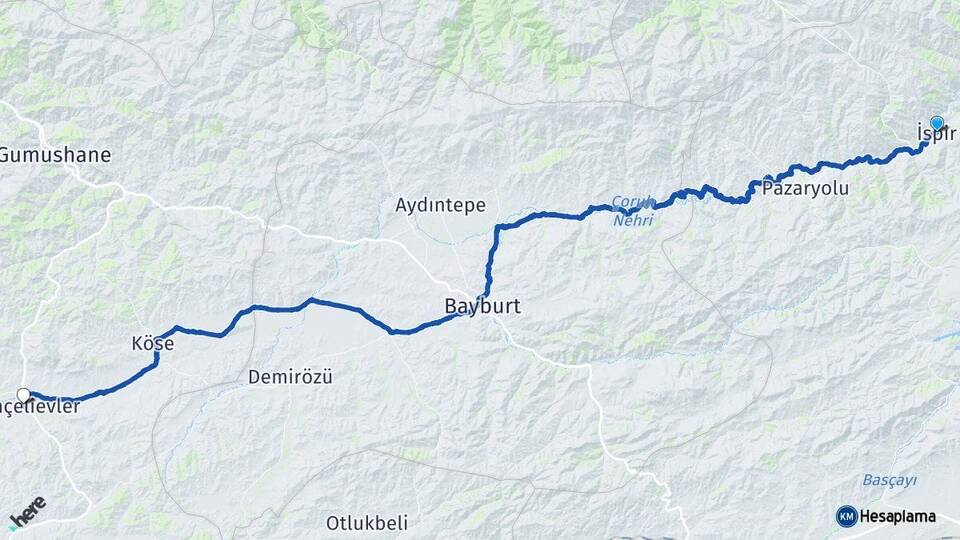 Erzurum İspir Kelkit Gümüşhane Arası Kaç Km - Yol Haritası
