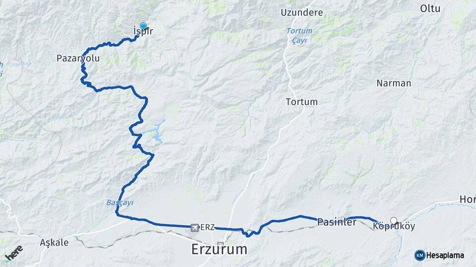 Erzurum İspir Köprüköy Arası Kaç Km - Yol Haritası