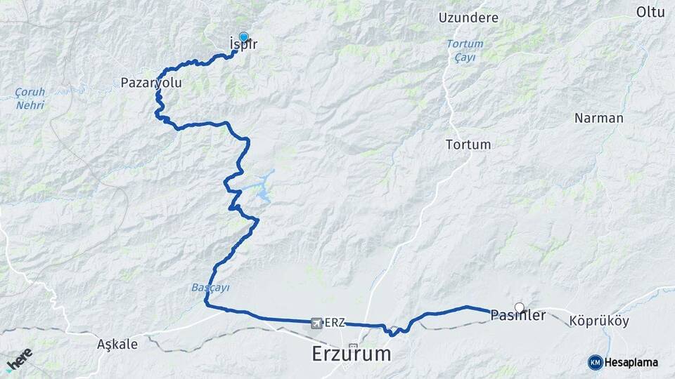 Erzurum İspir Pasinler Arası Kaç Km - Yol Haritası