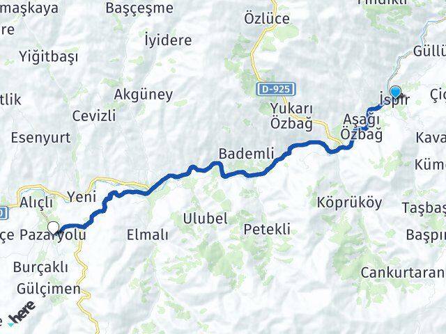 Erzurum İspir Pazaryolu Arası Kaç Km - Yol Haritası