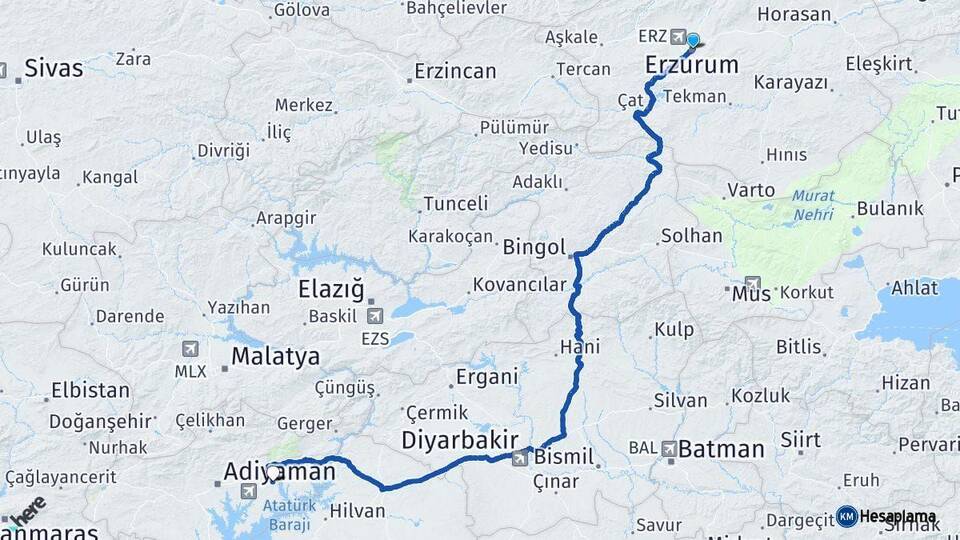 Erzurum Kahta Adıyaman Arası Kaç Km - Yol Haritası