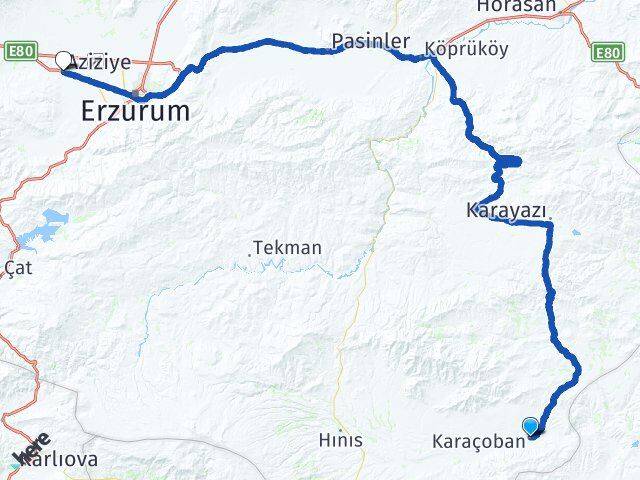 Erzurum Karaçoban Aziziye Arası Kaç Km - Yol Haritası