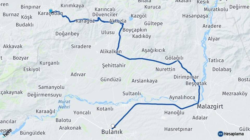 Erzurum Karaçoban Bulanık Muş Arası Kaç Km - Yol Haritası