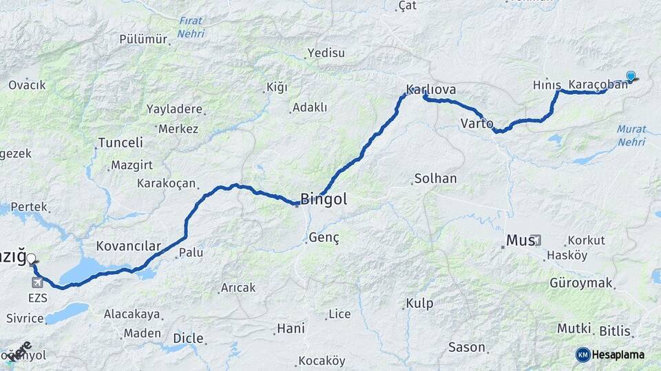Erzurum Karaçoban Elazığ Arası Kaç Km - Yol Haritası