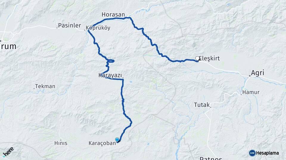 Erzurum Karaçoban Eleşkirt Ağrı Arası Kaç Km - Yol Haritası