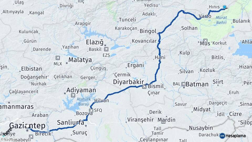 Erzurum Karaçoban Gaziantep Arası Kaç Km - Yol Haritası
