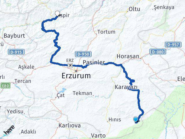 Erzurum Karaçoban İspir Arası Kaç Km - Yol Haritası