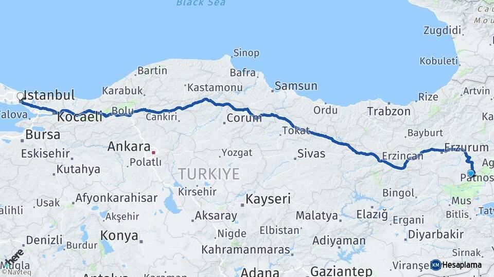Erzurum Karaçoban İstanbul Arası Kaç Km - Yol Haritası