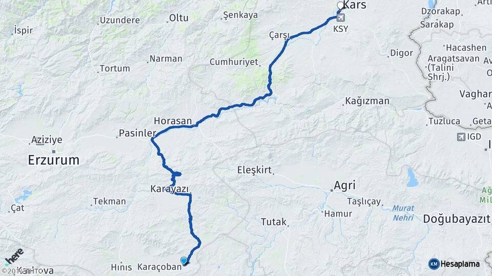 Erzurum Karaçoban Kars Arası Kaç Km - Yol Haritası