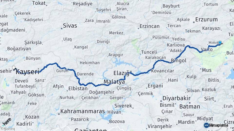 Erzurum Karaçoban Kayseri Arası Kaç Km - Yol Haritası