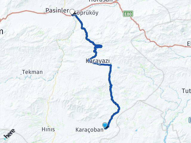Erzurum Karaçoban Köprüköy Arası Kaç Km - Yol Haritası