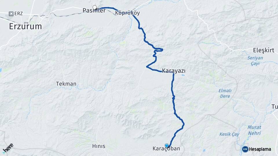 Erzurum Karaçoban Pasinler Arası Kaç Km - Yol Haritası