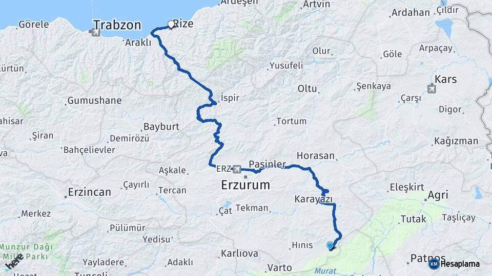 Erzurum Karaçoban Rize Arası Kaç Km - Yol Haritası