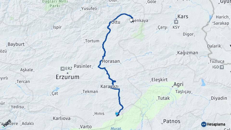 Erzurum Karaçoban Şenkaya Arası Kaç Km - Yol Haritası