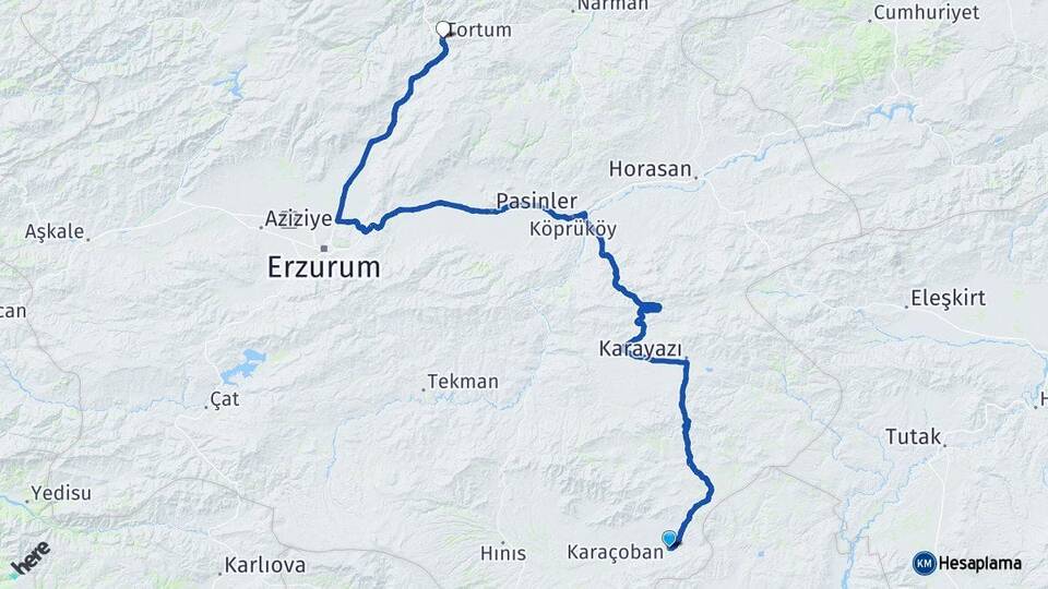Erzurum Karaçoban Tortum Arası Kaç Km - Yol Haritası