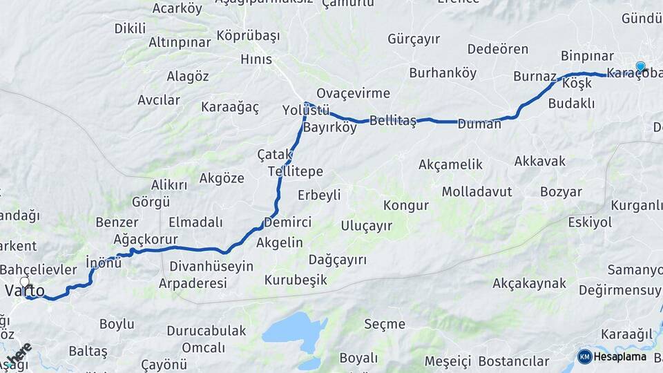 Erzurum Karaçoban Varto Muş Arası Kaç Km - Yol Haritası