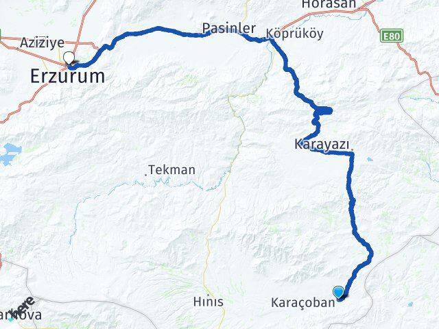 Erzurum Karaçoban Yakutiye Arası Kaç Km - Yol Haritası