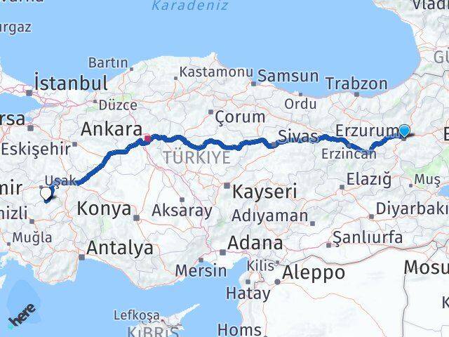 Erzurum Karahallı Uşak Arası Kaç Km - Yol Haritası