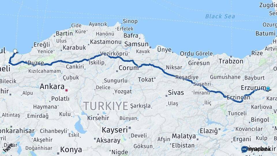 Erzurum Karasu Sakarya Arası Kaç Km - Yol Haritası