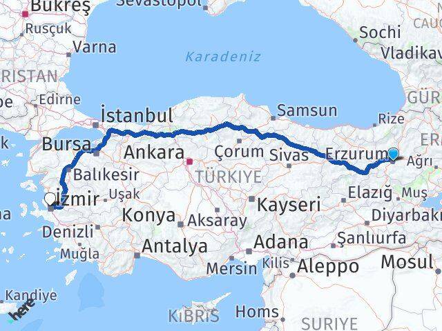 Erzurum Karşıyaka İzmir Arası Kaç Km - Yol Haritası