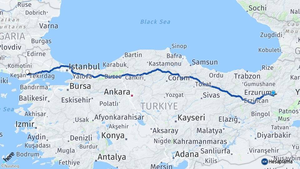 Erzurum Keşan Edirne Arası Kaç Km - Yol Haritası