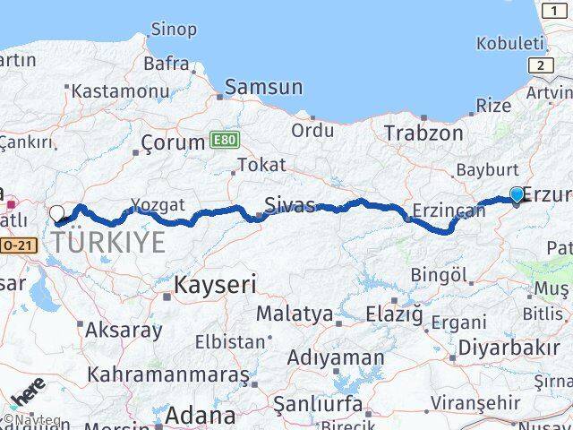 Erzurum Keskin Kırıkkale Arası Kaç Km - Yol Haritası
