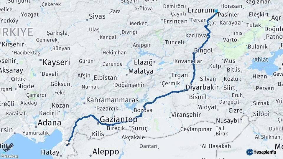 Erzurum Kırıkhan Hatay Arası Kaç Km - Yol Haritası
