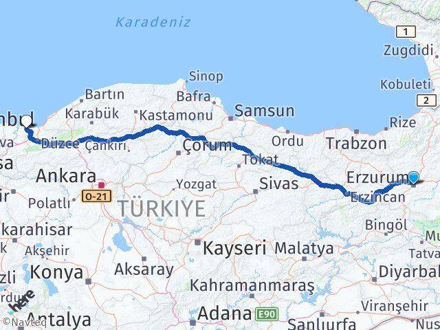 Erzurum Kocaali Sakarya Arası Kaç Km - Yol Haritası