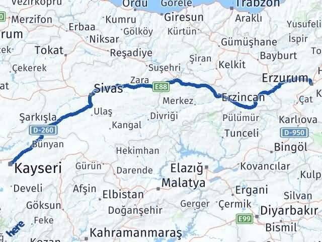 Erzurum Kocasinan Kayseri Arası Kaç Km - Yol Haritası
