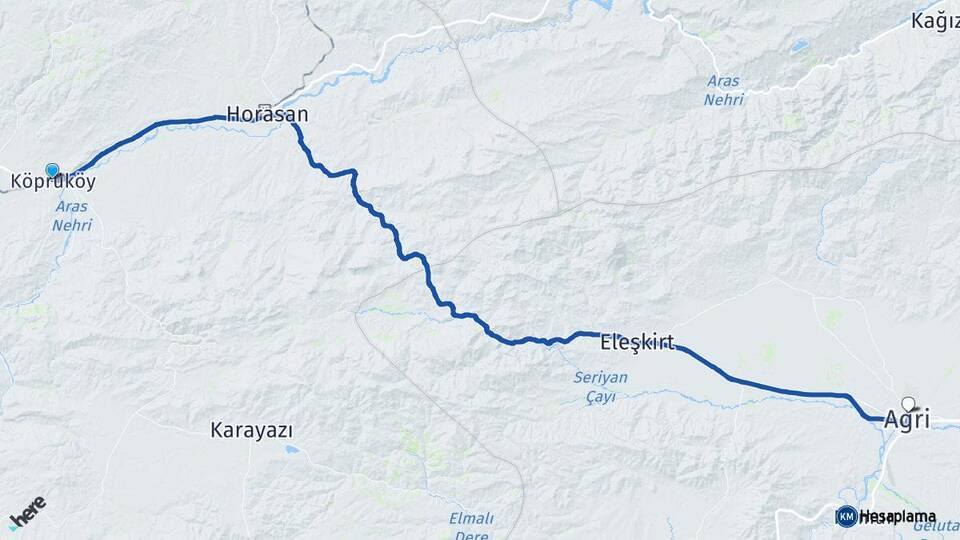 Erzurum Köprüköy Ağrı Arası Kaç Km - Yol Haritası