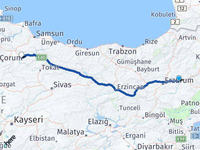 Erzurum Köprüköy Amasya Arası Kaç Km - Yol Haritası