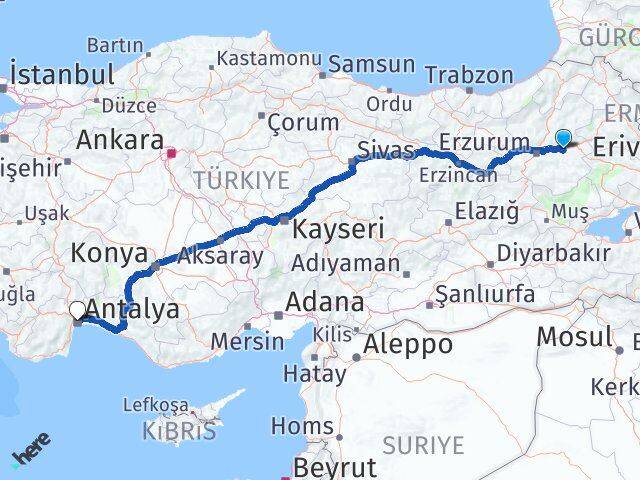 Erzurum Köprüköy Antalya Arası Kaç Km - Yol Haritası