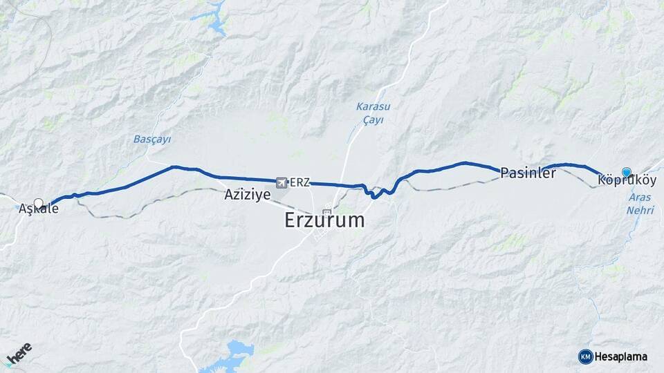 Erzurum Köprüköy Aşkale Arası Kaç Km - Yol Haritası