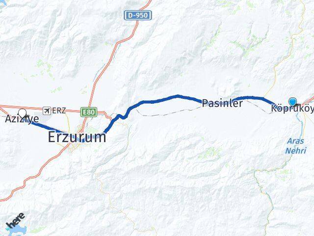 Erzurum Köprüköy Aziziye Arası Kaç Km - Yol Haritası