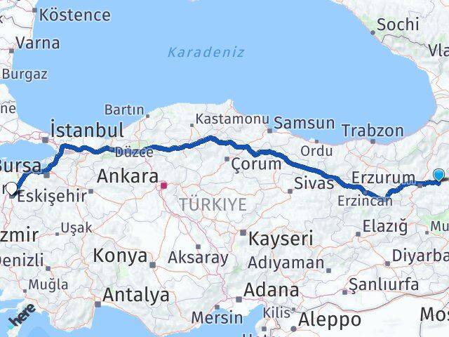 Erzurum Köprüköy Balıkesir Arası Kaç Km - Yol Haritası