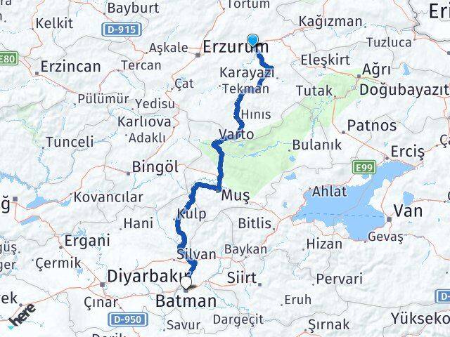Erzurum Köprüköy Batman Arası Kaç Km - Yol Haritası
