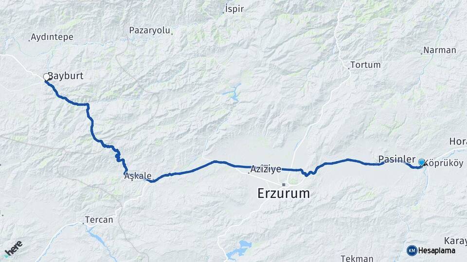 Erzurum Köprüköy Bayburt Arası Kaç Km - Yol Haritası