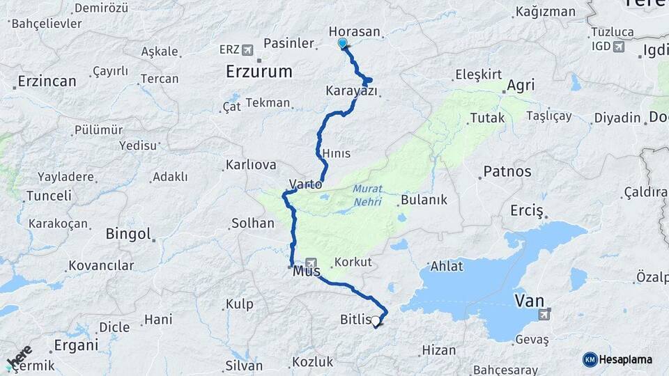Erzurum Köprüköy Bitlis Arası Kaç Km - Yol Haritası