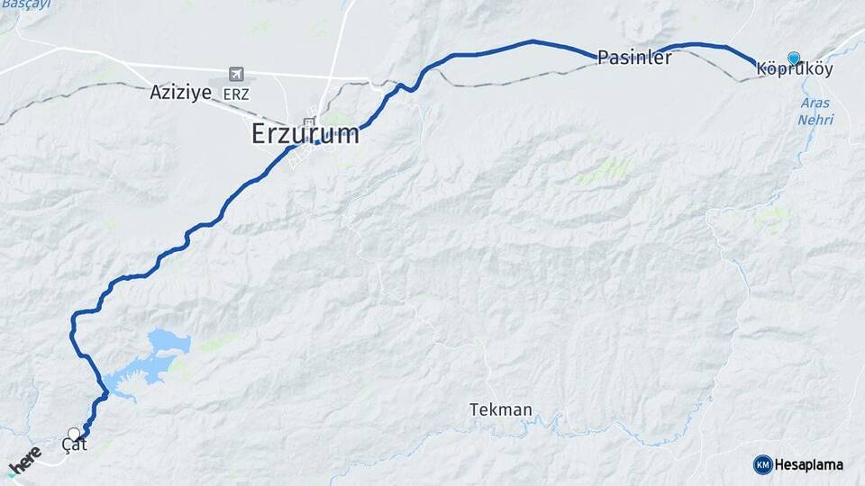 Erzurum Köprüköy Çat Arası Kaç Km - Yol Haritası