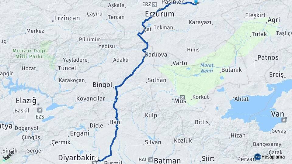 Erzurum Köprüköy Diyarbakır Arası Kaç Km - Yol Haritası