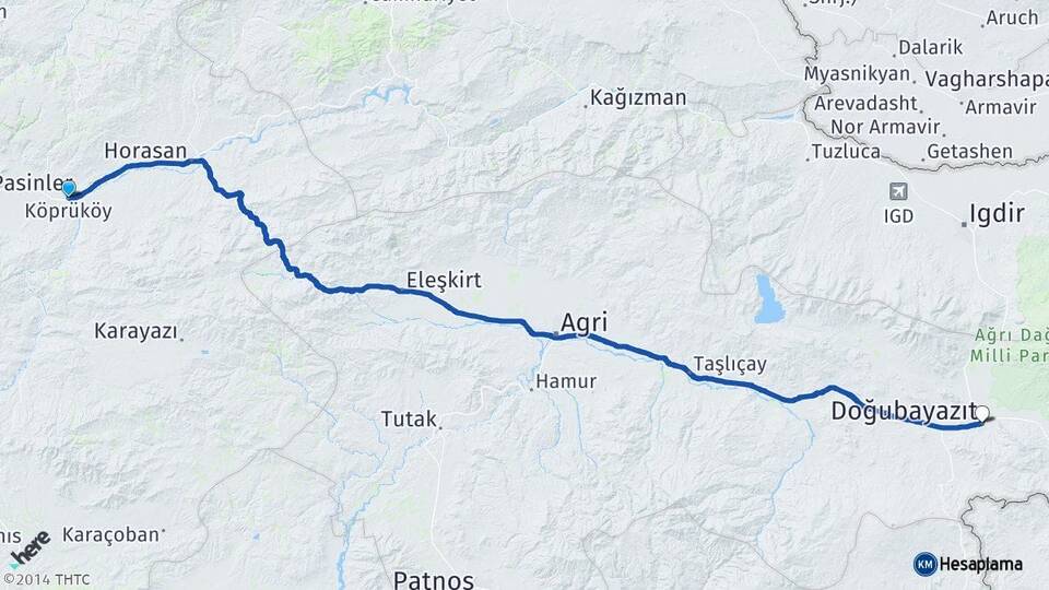 Erzurum Köprüköy Doğubayazıt Ağrı Arası Kaç Km - Yol Haritası