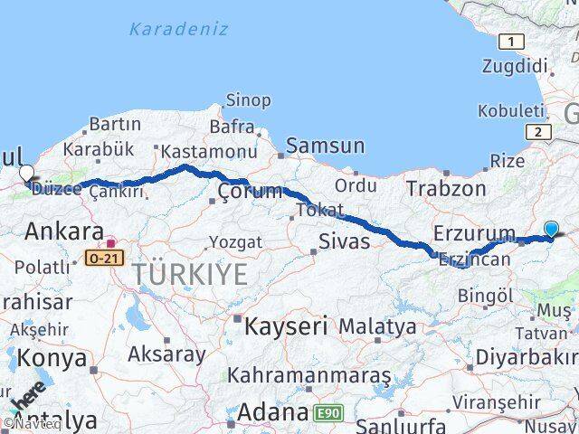 Erzurum Köprüköy Düzce Arası Kaç Km - Yol Haritası