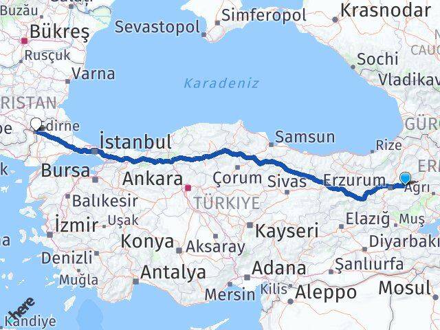 Erzurum Köprüköy Edirne Arası Kaç Km - Yol Haritası