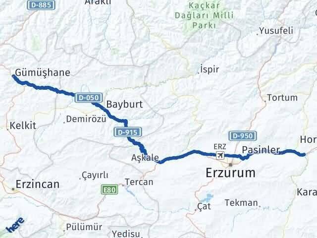 Erzurum Köprüköy Gümüşhane Arası Kaç Km - Yol Haritası
