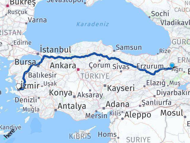 Erzurum Köprüköy İzmir Arası Kaç Km - Yol Haritası