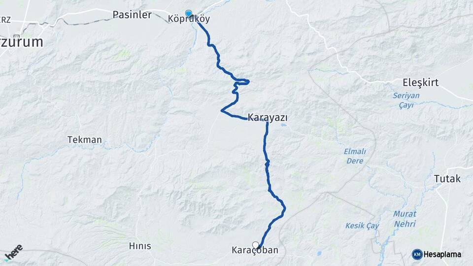 Erzurum Köprüköy Karaçoban Arası Kaç Km - Yol Haritası