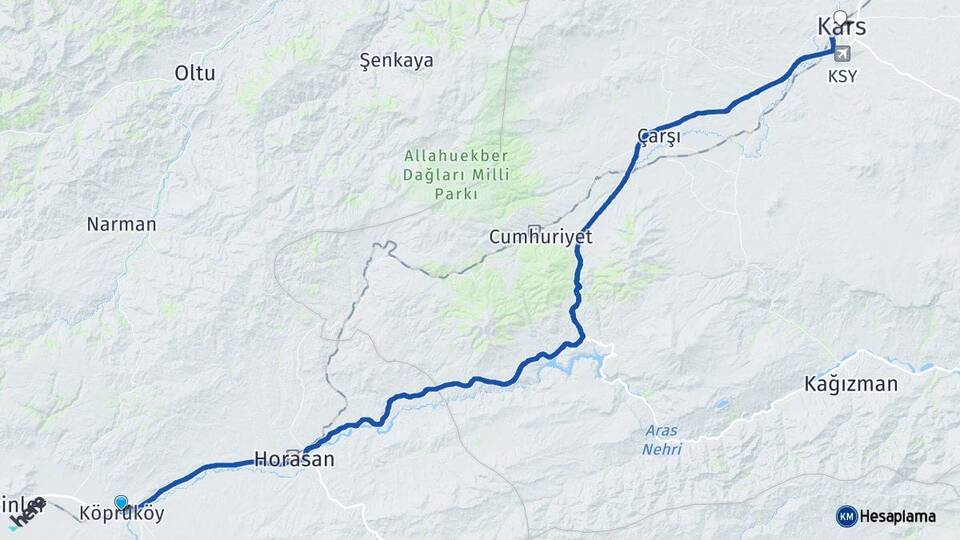 Erzurum Köprüköy Kars Arası Kaç Km - Yol Haritası