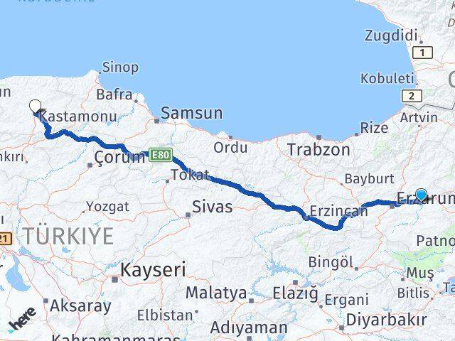 Erzurum Köprüköy Kastamonu Arası Kaç Km - Yol Haritası