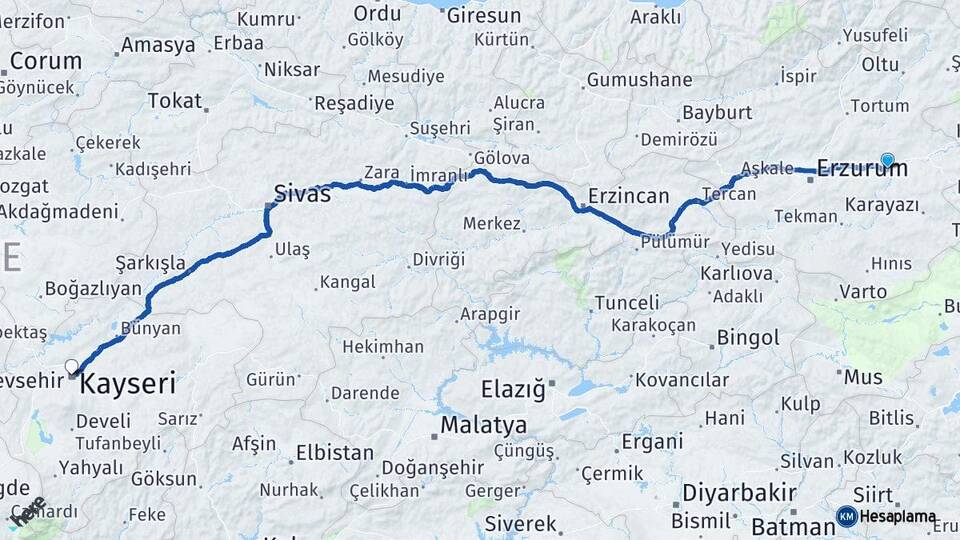Erzurum Köprüköy Kayseri Arası Kaç Km - Yol Haritası